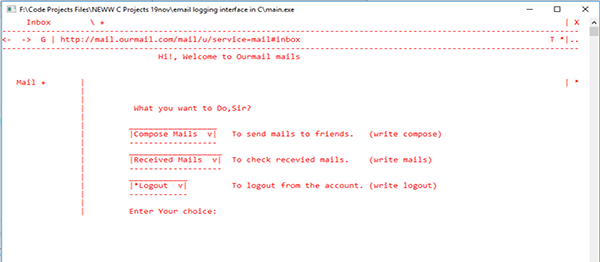 EMAIL LOGGING INTERFACE IN C PROGRAMMING WITH SOURCE CODE