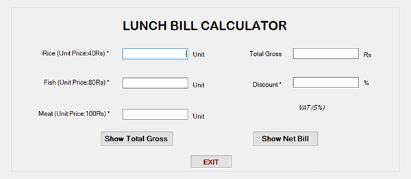 LUNCH BILL CALCULATOR IN C# WITH SOURCE CODE